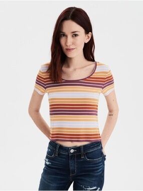 Striped Ribbed Scoop Neck Baby Tee- Multicolor
